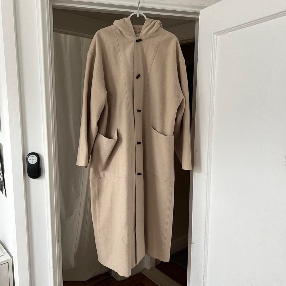 Jurgen Lehl wool duffle coat in beige w hoodie